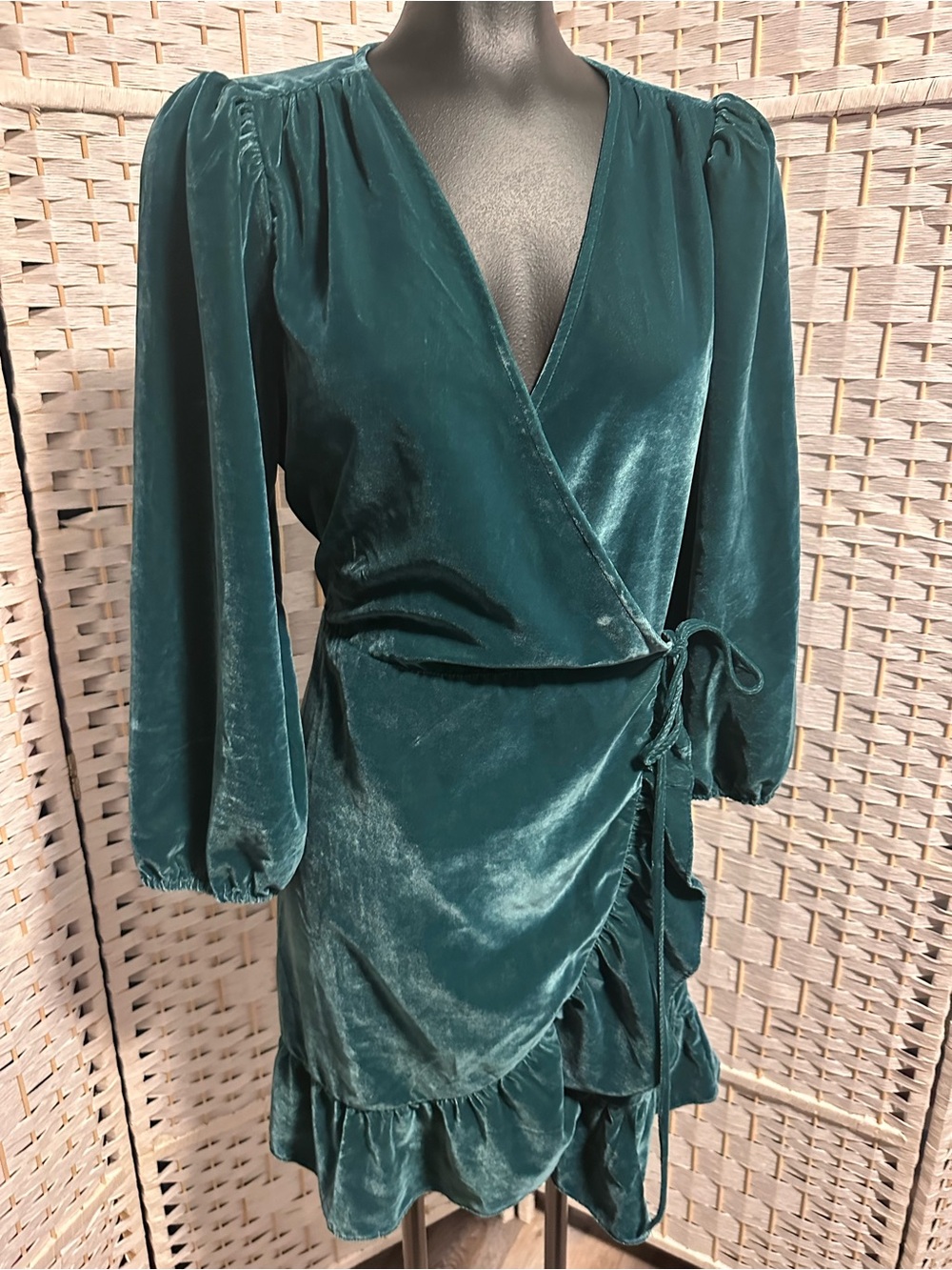 GAP Teal Velvet Wrap Dress with Puff Long Sleeves